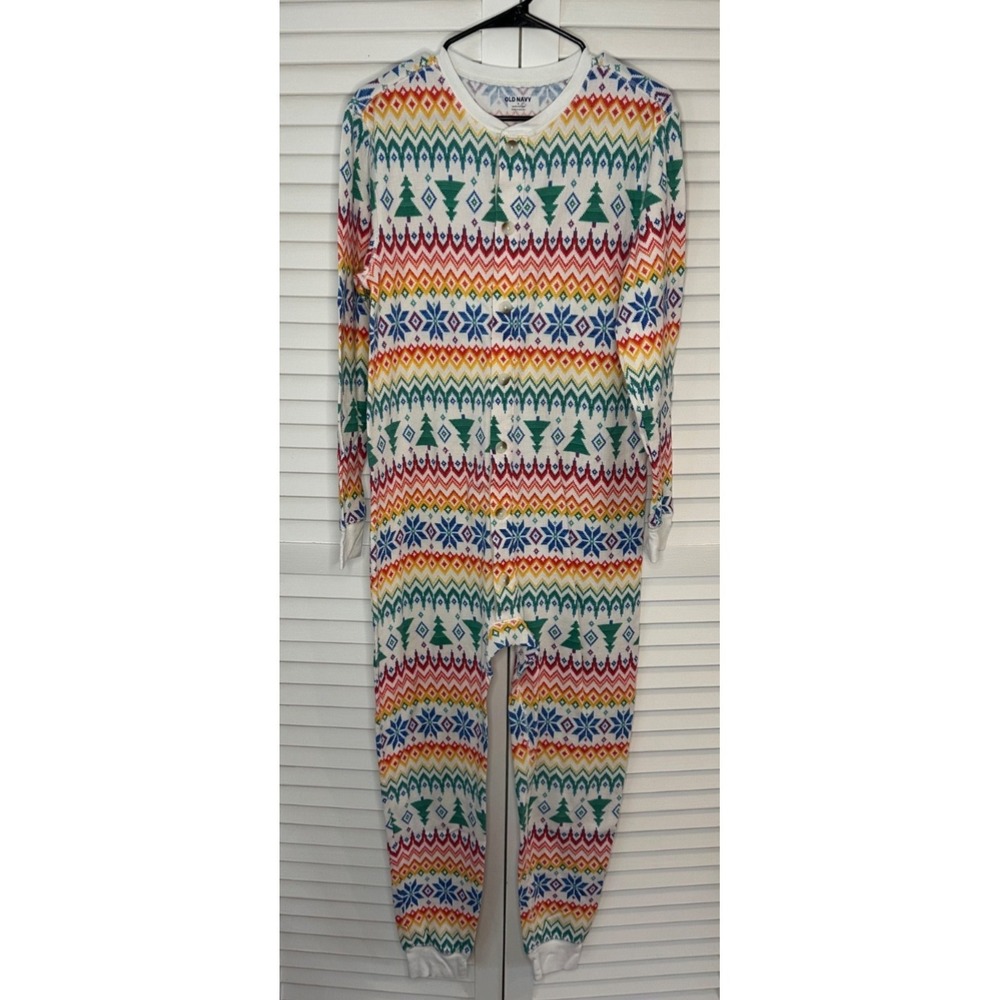 Old Navy Adult Size S Rainbow Fair Isle Print Waffle Weave One Piece Pajamas PJs